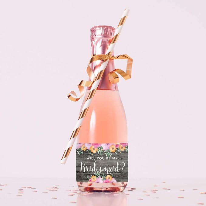 Andaz Press Mini Champagne Wine Bottle Proposal Labels, Will You Be My Bridesmaid? Matron Maid of Honor?, Rustic Gray Wood Floral Flowers, 20-Pack, Favor Gift Labels