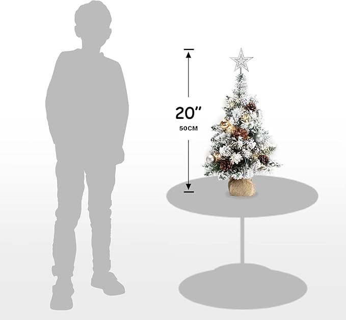 24 Inch Snowy Mini Christmas Tree, Small Tabletop Flocked Tree with LED Lights, Pine Cones, Balls, Star Tree Topper, Gift Box and Cloth Bag Base, Xmas Decorations (Christmas Tree)