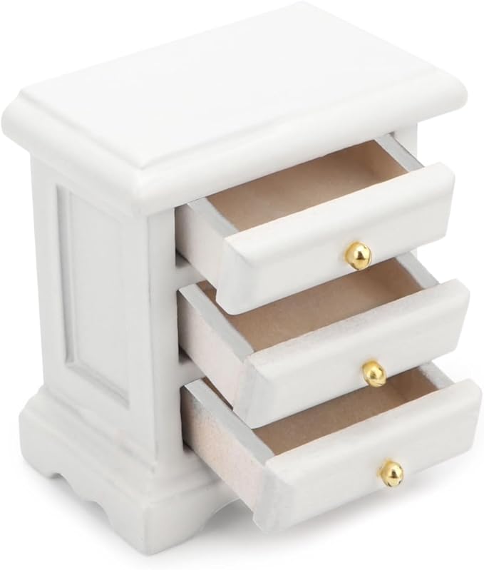 Miniature Bedside 1:12 Furniture Dollhouse Nightstand Bedroom Drawer Cabinet Model Accessories Mini House Scene Building Tabletop Decorations (White)