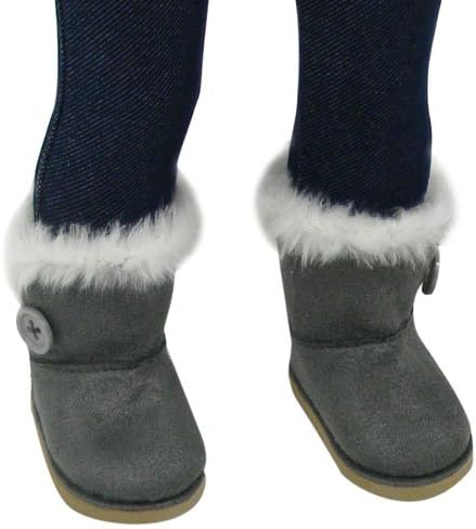 Sophia's Gray Suede Winter Boots with White Faux Fur Lining and Trim Plus Gray Side Button and Soft Tan Soles for 18" Dolls