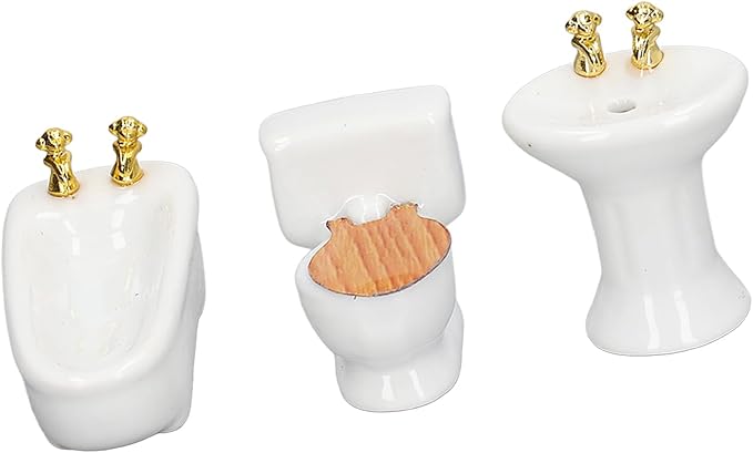 Dollhouse Miniature Bathroom Set Ceramic 3Pcs Simulation Bathtub Toilet Sink 1/24 Dollhouse Furniture (White)