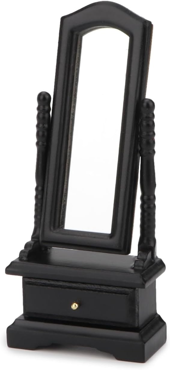 Miniature Furniture Fitting Mirror 1:12 Scale Dollhouse Bedroom Dressing Mirror with Drawer Model Accessory Mini Scene Ornament Desktop Decoration (Brown)