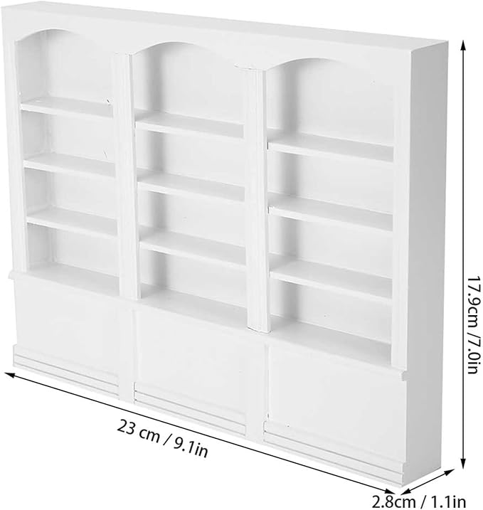 1:12 Scale Dollhouse Bookshelf (White), Miniature Wooden Bookcase Display Cabinet for Dollhouse Furniture, Collector's Decoration Accessory
