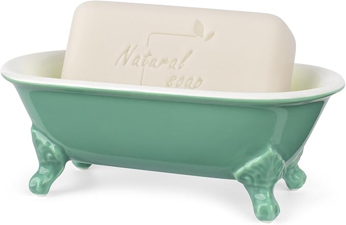 NEWHENGS 6.5" Ceramic Mini Decorative Clawfoot Bathtub Bar Soap Dish, Kitchen Sponge Holder and Shower Tray for Bathroom, 1 Pack(Mermaid)