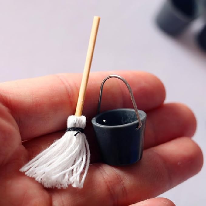 Kisangel 16sets Miniature Mop with Bucket, 1:12 Scale Mini Cleaning Tools for Dollhouses Furniture Landscapes Decoration