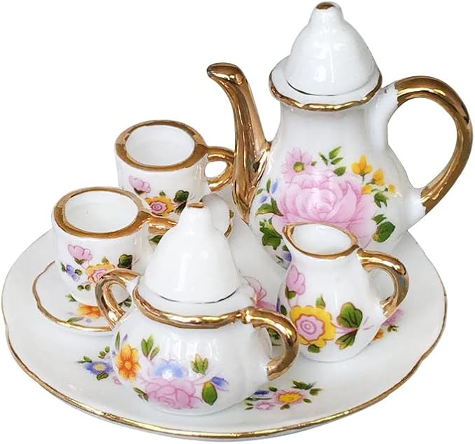 Cutemini 1:6 Scale Miniature Porcelain Dollhouse Tea Cup Sets 8PCS Flower Pattern Teapot Platter Dish Sets Dollhouse Kitchen Supplies Decoration (Light Pink)
