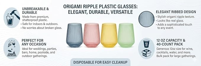 40 count Origami Ripple Unbreakable Stemless Plastic Wine Champagne Whiskey Glasses Elegant Durable Disposable Indoor Outdoor Ideal for Home, Bars, Wedding, Ribbed 12 Ounce Cups (Color Collection)