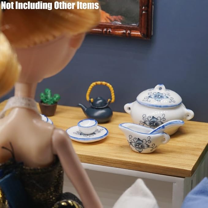 Odoria 1/12 Miniature Dish Dinnerware Set 17Pcs Dollhouse Decoration Accessories, Blue Petals