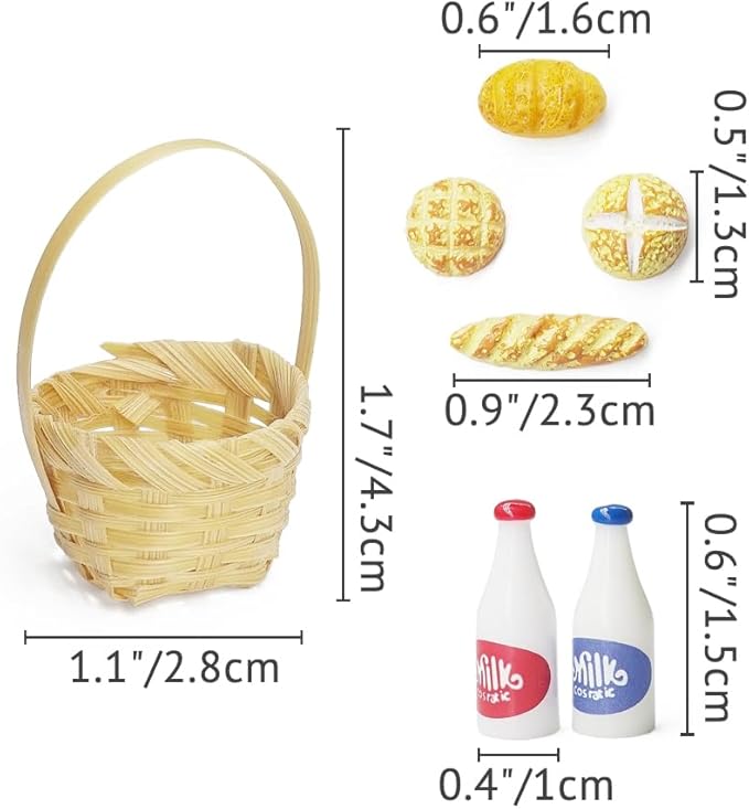 Odoria Dollhouse Bread and Milk Miniature: 1/12 Scale Baking Breakfast Wicker Basket Fairy Garden - Mini Farm Country Rustic Kitchen - Tiny Resin Food Realistic Props for Craft DIY