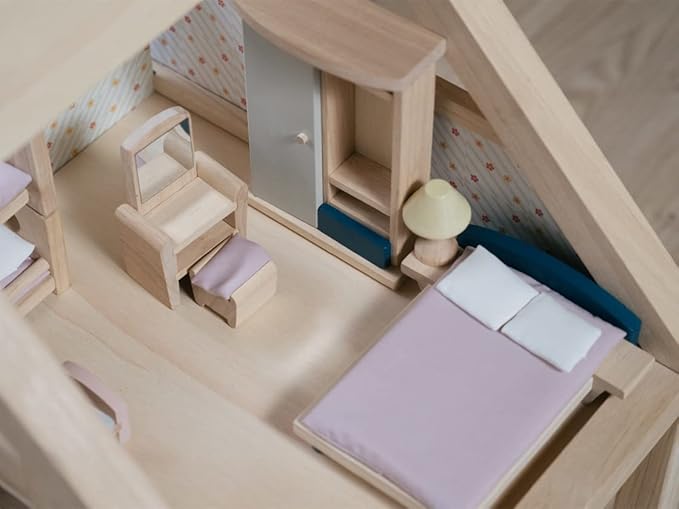 PlanToys® Wooden Bedroom Dollhouse Furniture Set in Orchard Shade for Kids | Montessori Small World and Home Routine Play | Eco Friendly Wooden Dollhouse Bedroom Set for Imaginative Play