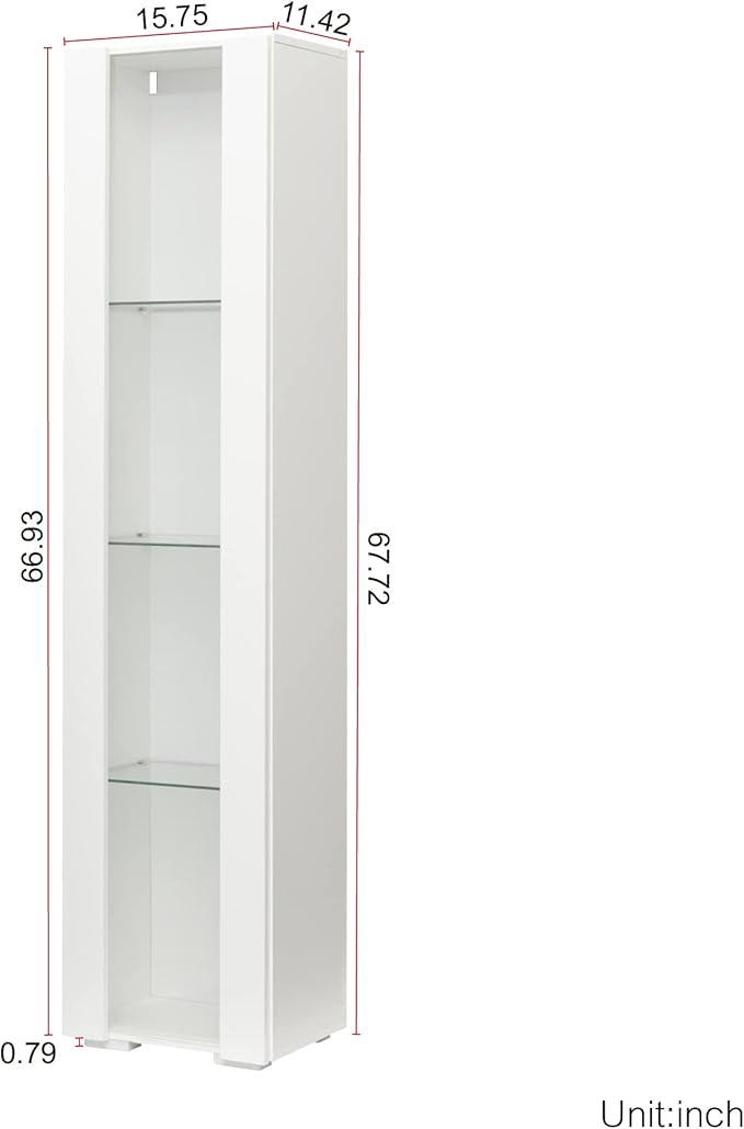 Pvillez 67" LED Display Cabinet with 4 Glass Shelves & 1 Door, Modern Curio Cabinet Collection Display Case Storage Cabinet, High Gloss Floor Standing Bookshelf for Living Room Bedroom Office (White)
