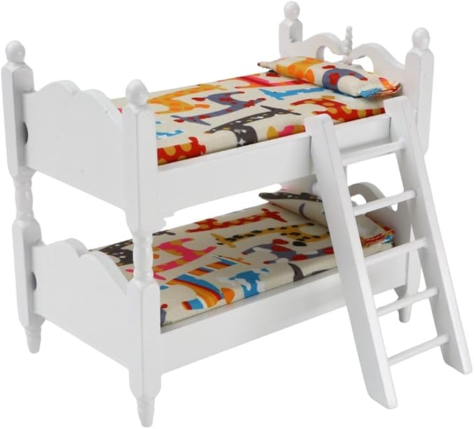 1/12 Scale Dollhouse Bunk Beds – Miniature Wooden Bed Set with Ladder, Realistic Mini Dollhouse Furniture Stuff Accessories, DIY Small Ornament Dolls Decor for Doll House, Tiny Wooden Bedroom