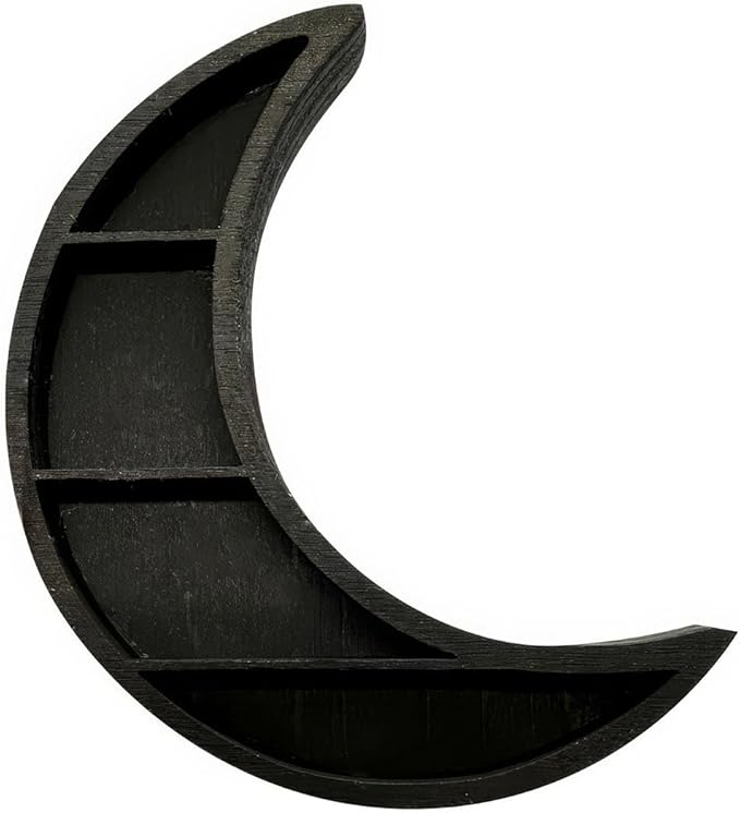 Miniature Moon Shelf for Dollhouse, Black Wooden Crescent Display for Tiny Crystals & Curiosities, 1:12 Scale Gothic Witchy Room Decor Accessory for Adult Collectors.
