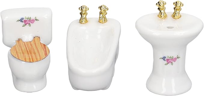 shenruifa 3Pcs Dollhouse Miniature Bathroom Set, 1:24 Ceramic Simulation Bathtub Toilet Sink Dollhouse Bathroom Furniture (Flower Shape)