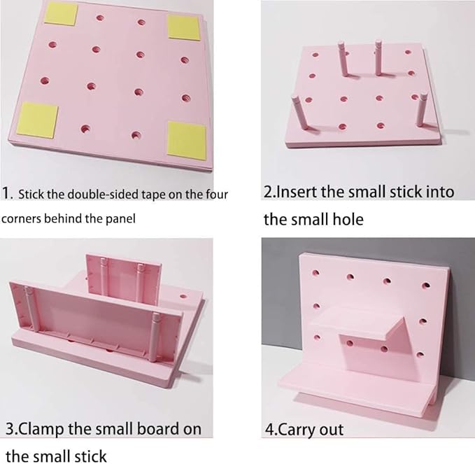 HGYZE Peg Boards for Walls with Shelf & Hooks, No Punching Craft Room Storage for Bedroom Garage Living Room Office, Pegboard Ledges Organizer, 4 Pack Decorative Wall Panel Kits for Blindboxes (Pink)