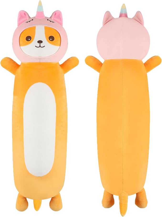 22 Inch Kawaii Unicorn Dog Long Plush Body Pillow Toy, Soft Corgi Shiba Inu Plushies with Stuffy Unicorn Outfit Big Stuffed Animals Gift for Kids Boys Girls, Birthday, Halloween, Christmas
