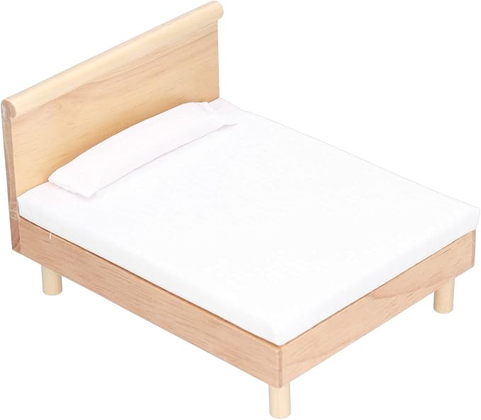 Dollhouse Double Bed, Wooden Frame Oak Miniature Furniture, Decorative Pillow Plush Toy Pillows, Miniature Bedroom Furniture for 1/12 Scale Dollhouse