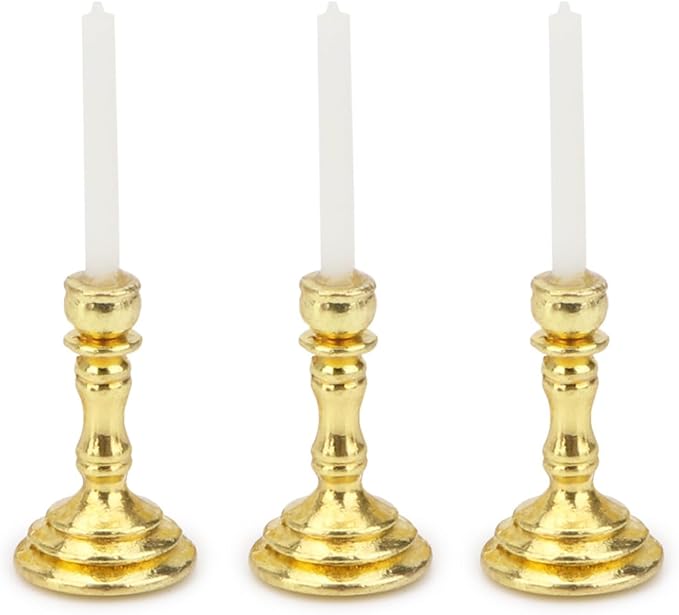 Dollhouse Miniature Candlesticks 3 PCS Candle Holder Set 1/12 Scale Vintage Candles Doll House Desk Ornament Accessories with Metal Round Base for for Fairy Garden (Golden)
