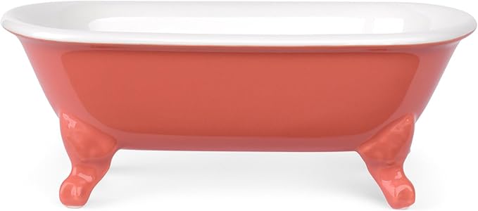 NEWHENGS 6.5" Ceramic Mini Decorative Clawfoot Bathtub Bar Soap Dish, Kitchen Sponge Holder and Shower Tray for Bathroom, 1 Pack(Coral)