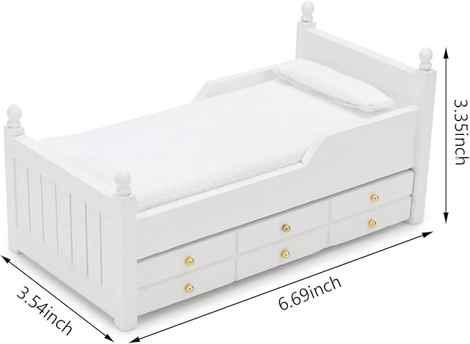 Dollhouse Miniature Bed with Drawer 1:12 Wooden Furniture European Bedroom Bedding Furniture Accessories with Pillow & Mattresses Vintage Floral Fabric Mini House Decoration
