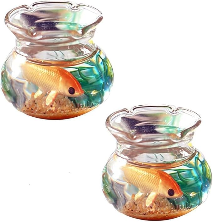 2 Pieces Miniature Fish Bowl Set, Round Resin Fish Tanks with Goldfish Grass, Dollhouse Accessories Decor for Dollhouse Desktop Craft Project Decor