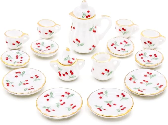 Odoria 1/12 Miniature Porcelain Tea Set 15Pcs Dollhouse Decoration Accessories, Cherry