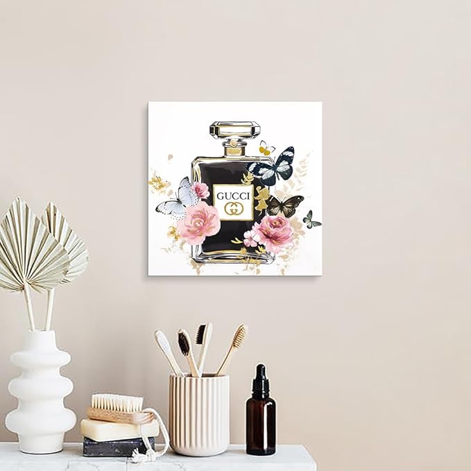 Dream Land Fashion Perfume Bottle Wall Art: Trendy Pink Gold Flowers Canvas Painting 12"x12" Rose Butterfly Picture
