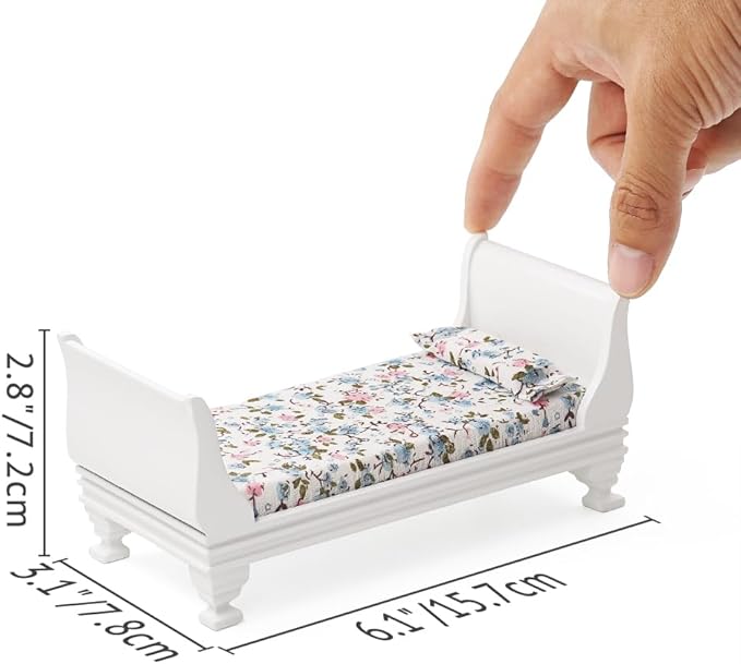 Odoria Dollhouse Single Bed Miniature: 1/12 Scale Wooden Bed Victorian for 6 inch Dolls Bedroom Vintage - Mini White Furniture with Bedding Fabric