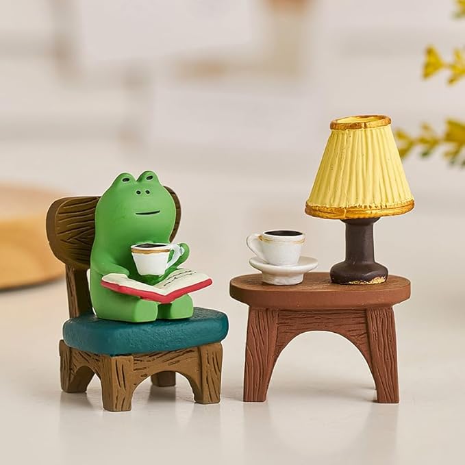 Miniature Frog Figurine Statue, Help Relax Enjoying Tea Time Mini Frog Cat Collection Desk Ofiice Bedroom Decor, Healing Heart Good Mood Indoor Home Decorations with Gift Box -Wood Chair Tea Time