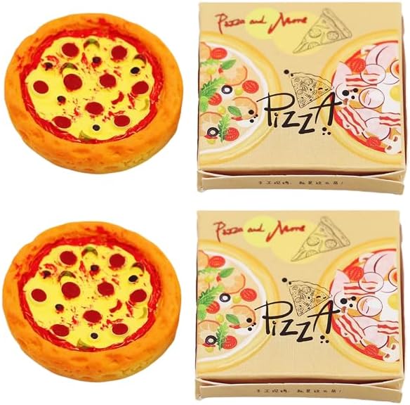 2 Set Miniature Pizza Box, 1:6 & 1:12 Scale Realistic Dollhouse Food Model Set, Yellow Resin Doll House Furniture Supplies for Pretend Play Kitchen