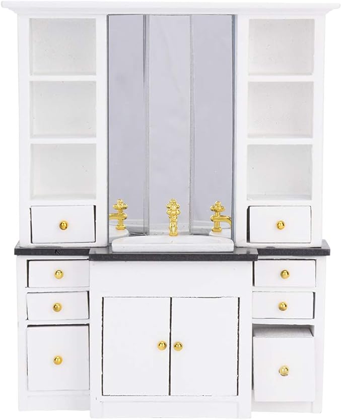 RASTKY 1:12 Scale Dollhouse Miniature Furniture Set - White Bathroom Basin Cabinet Kitchen Decor with Sink Vanity, Wooden Mini Kit for Dollhouse Accessories, 1/12 Bedroom (White)
