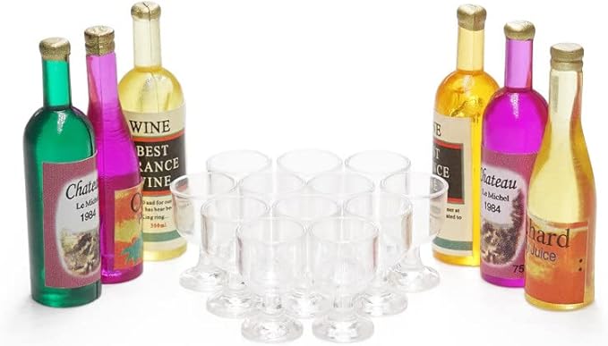 Odoria 1/12 Miniature Wine Bottles 6Pcs and Empty Wine Glasses 12Pcs Dollhouse Decoration Accessories