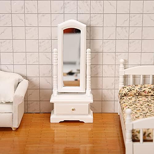 Miniature Furniture Fitting Mirror 1:12 Scale Dollhouse Bedroom Dressing Mirror with Drawer Model Accessory Mini Scene Ornament Desktop Decoration (White)