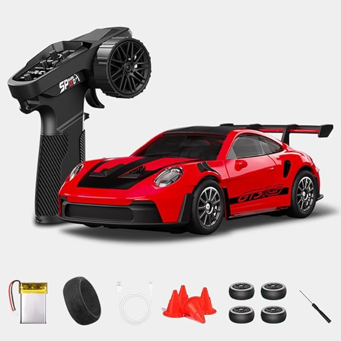 1:43 RC Drift Car D43-01 - 2.4G Full Proportional 4WD Alloy 20KM/H High Speed RC Racing Car with Gyro, Silent Bearings, Adjustable Speed & Lighting(Q2/Red/D43-01)