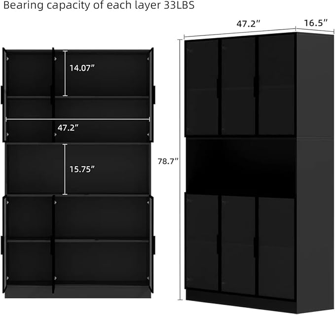 Display Cabinet with Hutch, Glass Doors and Lights, Wooden Storage Cabinet with 5-Tier Shelves, Can be Used as Bookcases, Kitchen Pantry Cabinets, Black (47.2 "W x 16.5 "D x 78.7 "H)