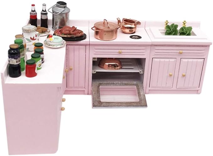 SXFSE Dollhouse Decoration Accessories,1:12 Dollhouse Miniature Furniture Wooden Kitchen Cabinet Set Freely Combined (Pink)