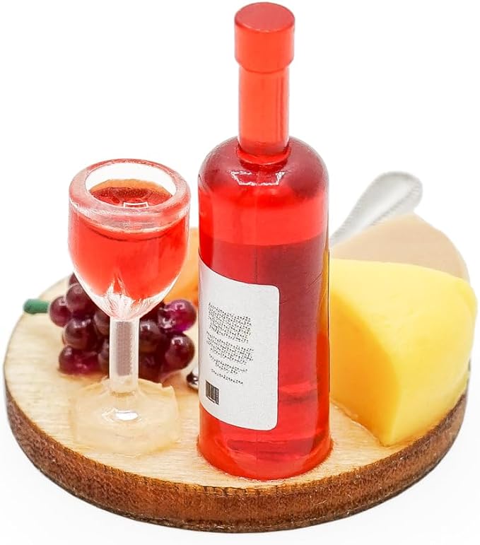 Odoria Dollhouse Wine and Cheese Miniature: 1/24 Scale Cheese Board and Red Wine Bottle for Kitchen Restaurant Bar - Mini Dinner Realistic Food Drinking