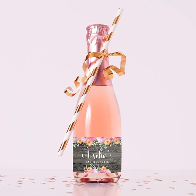 Andaz Press Personalized Mini Champagne Wine Bottle Labels, Amelia's Bachelorette, Location, Rustic Gray Wood Floral Flowers, 20-Pack, Custom Mini Champagne Favor Gift Stickers