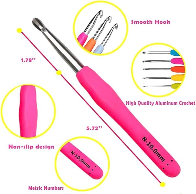 Yarniss Crochet Hooks,14 Size Crochet Set 2mm(B)-10mm(N), Ergonomic Crochet Hooks Set with Case for Beginner,Long Crochet Needles