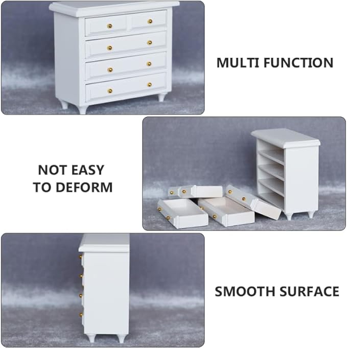 1:12 Dollhouse Miniature Furniture, Solid Wood Cabinet with White Drawers, Mini House Decor for Living Room and Bedroom Scenes, 3.81 X 3.42 X 1.65 Inches