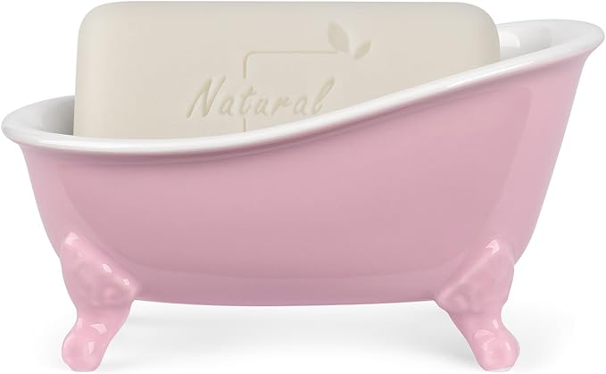 NEWHENGS 6.1" Vintage Ceramic Mini Decorative Clawfoot Bathtub Bar Soap Dish, Kitchen Sponge Holder and Shower Tray for Bathroom, 1 Pack (Pink)