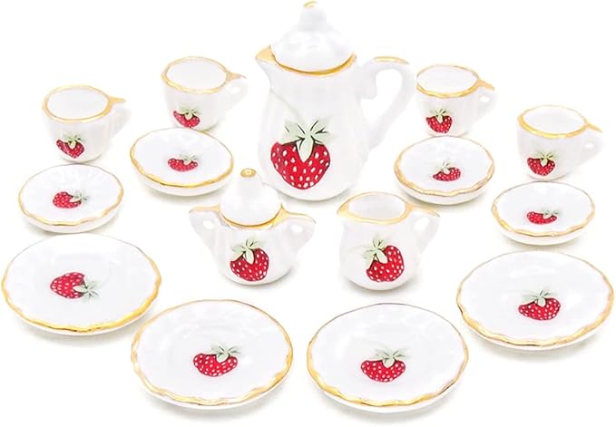 Odoria 1/12 Miniature Porcelain Tea Set 15Pcs Dollhouse Decoration Accessories, Strawberry