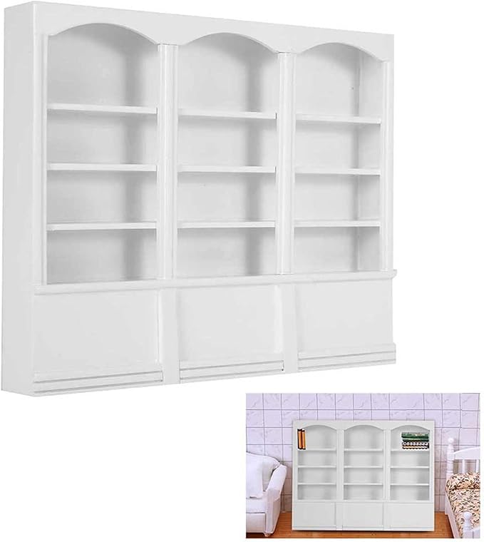 1:12 Scale Dollhouse Bookshelf (White), Miniature Wooden Bookcase Display Cabinet for Dollhouse Furniture, Collector's Decoration Accessory