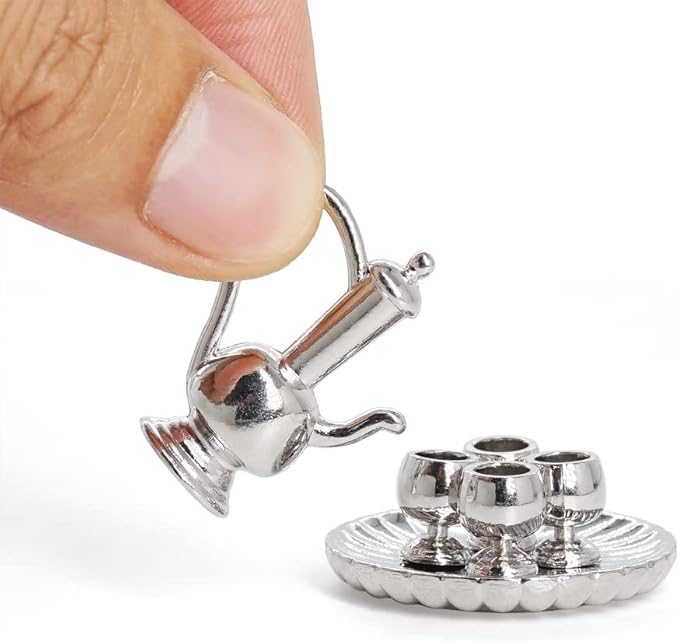 Odoria 1/12 Miniature Wine Flagon and Glasses Dollhouse Decoration Accessories, Silver
