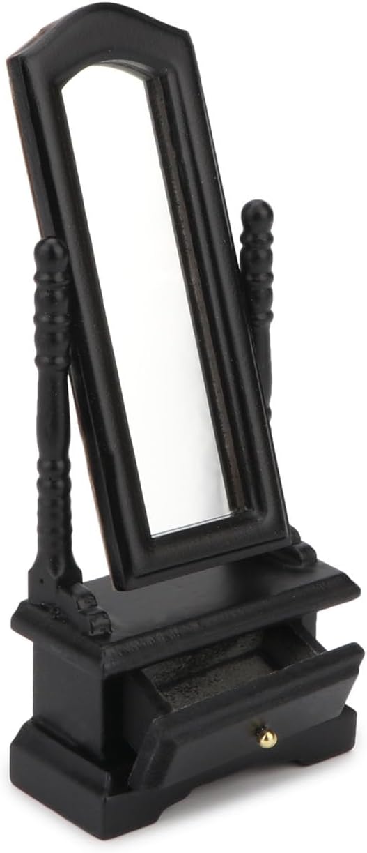 Miniature Furniture Fitting Mirror 1:12 Scale Dollhouse Bedroom Dressing Mirror with Drawer Model Accessory Mini Scene Ornament Desktop Decoration (Brown)