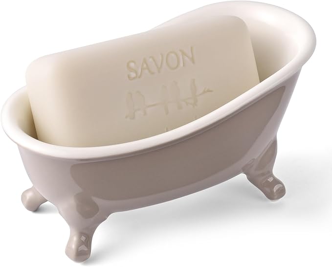 NEWHENGS 6.1" Vintage Ceramic Mini Decorative Clawfoot Bathtub Bar Soap Dish, Kitchen Sponge Holder and Shower Tray for Bathroom, 1 Pack (Taupe)