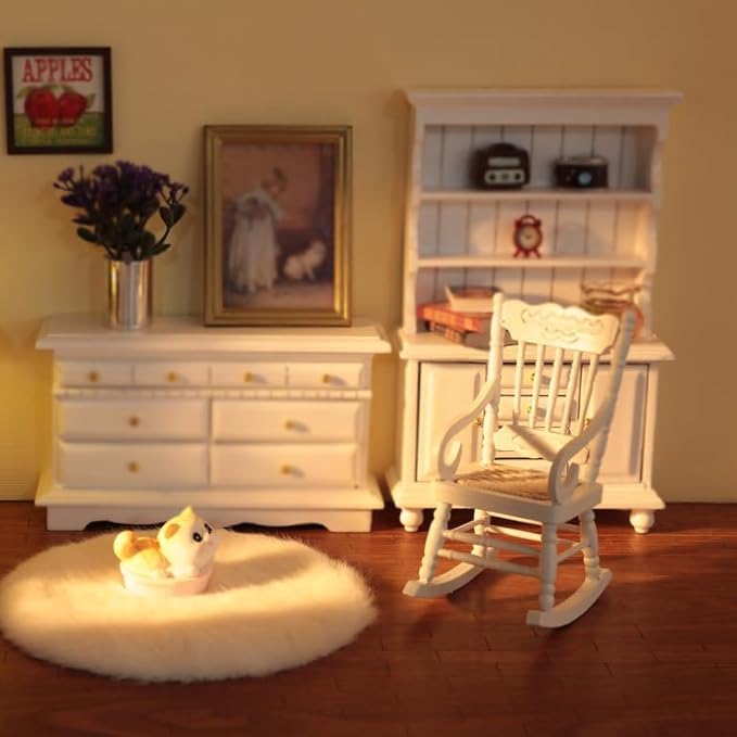 4Pcs 1:12 Dollhouse Wooden Rocking Chair Set Miniature Side Table, Nostalgic TV, Floor Plants Mini House Furniture Accessories for Living Room Bedroom, Kitchen, Outdoor Home Office, Desk