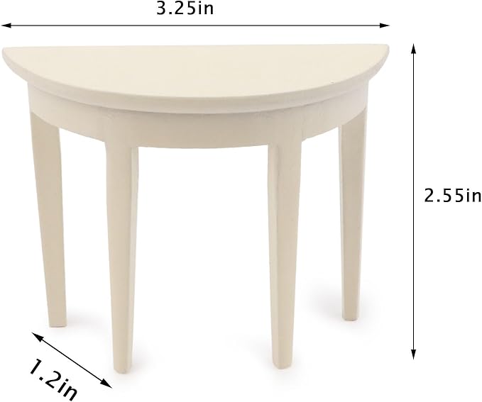 Miniature Half Moon Table Dollhouse Furniture 1/12 Scale for Living Room Bedroom Hallway, Entrance, Small Spaces, DIY Doll House Accessories (White)