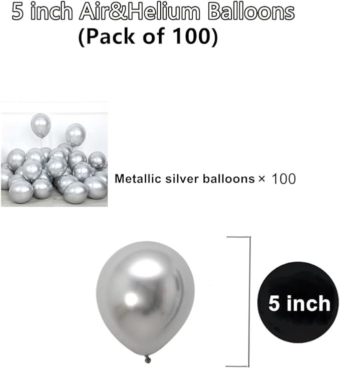 5 inch Metallic Silver Balloons, 100 pcs Thick Chrome Birthday Latex Helium Balloon (Metallic Silver)