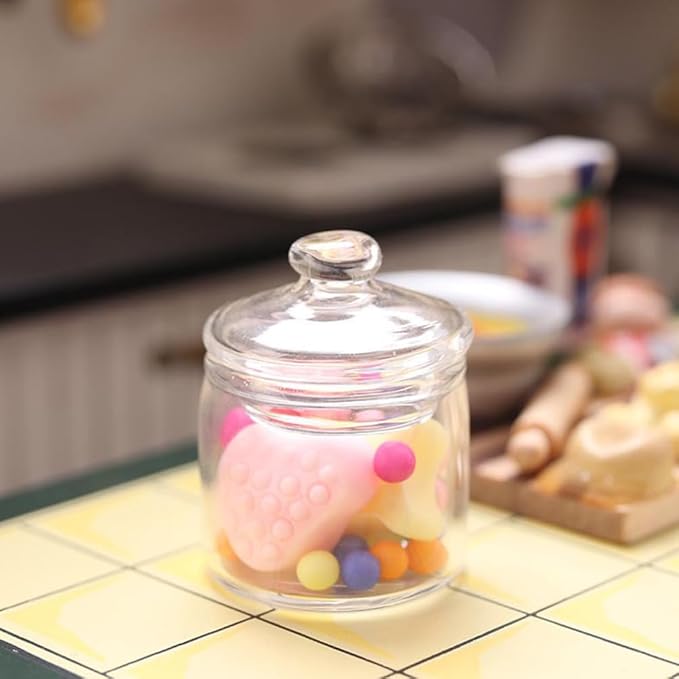 2 Pcs Miniature Glass Storage Jars with Lids for Dollhouse Decoration, Clear Mini Glass Canisters for Miniature Scenes, Creative Candy Containers